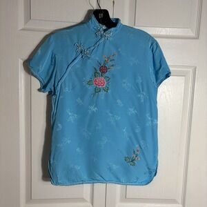 Vintage Silver Lake Cheongsam Style Shirt Women 34 Blue Embroidered Asian Top